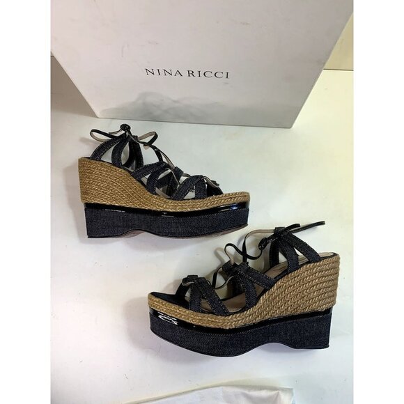 Nina Ricci Y2K Platform Wedge Espadrille Sandal Shoe Denim Size 37 / 6-7 - Picture 3 of 11